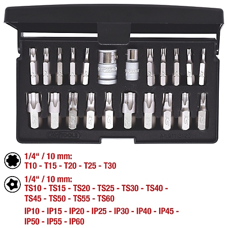 Werkzeugkasten mit verschiedenen Schraubaufsätzen für Schraubendreher. Auf der rechten Seite befindet sich eine Tabelle mit den Grössenangaben.